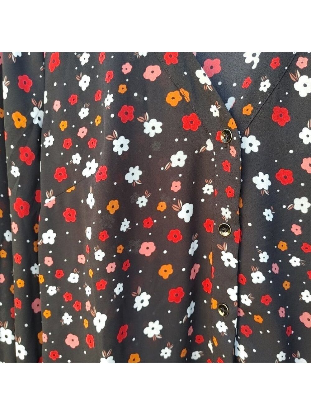 Lovely CABI Floral Blouse Women's XL Deep V neck Striped Cuffs - Picture 7 of 8